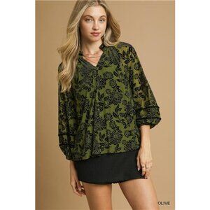 Umgee Full Size Floral Velvet Blouse with Balloon Sleeves Plus Size
